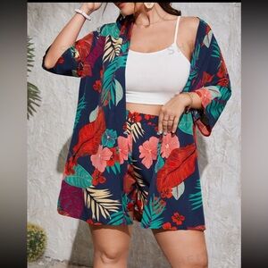SHEIN Tropical Print Kimono and Short Set. Sz. L.